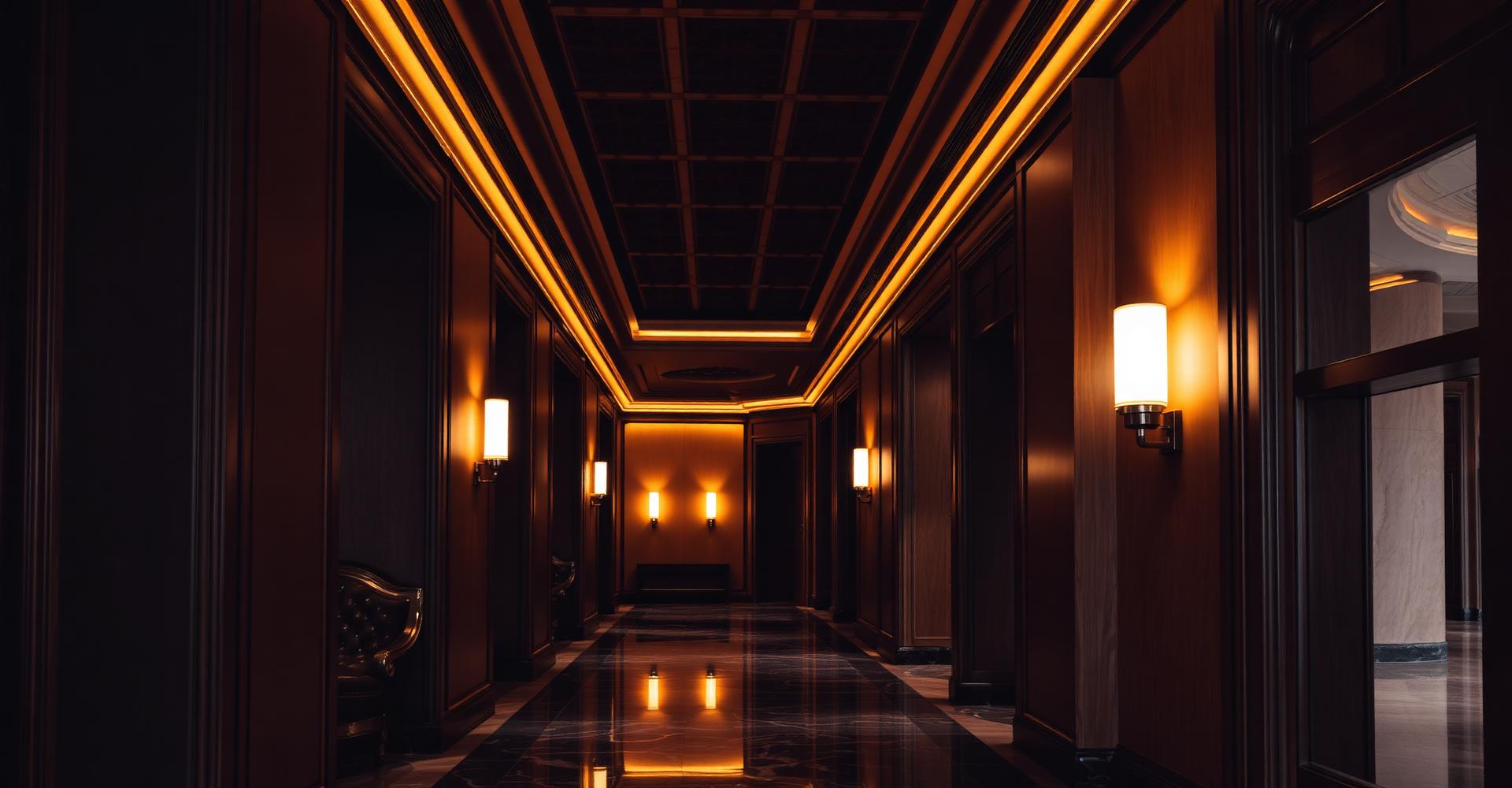 Koridor interior mewah dengan pencahayaan hangat